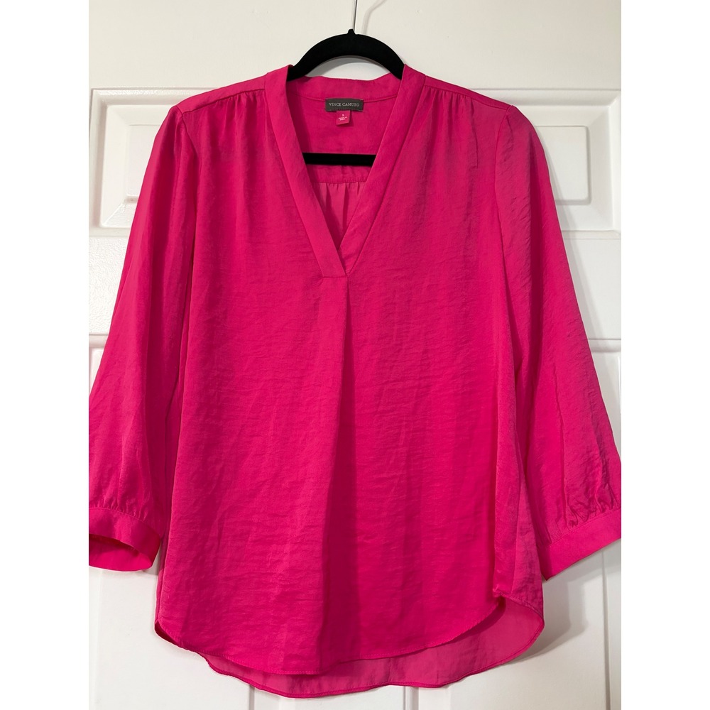 Vince Camuto | V-Neck Hammered Satin Blouse | S || Hot Pink|